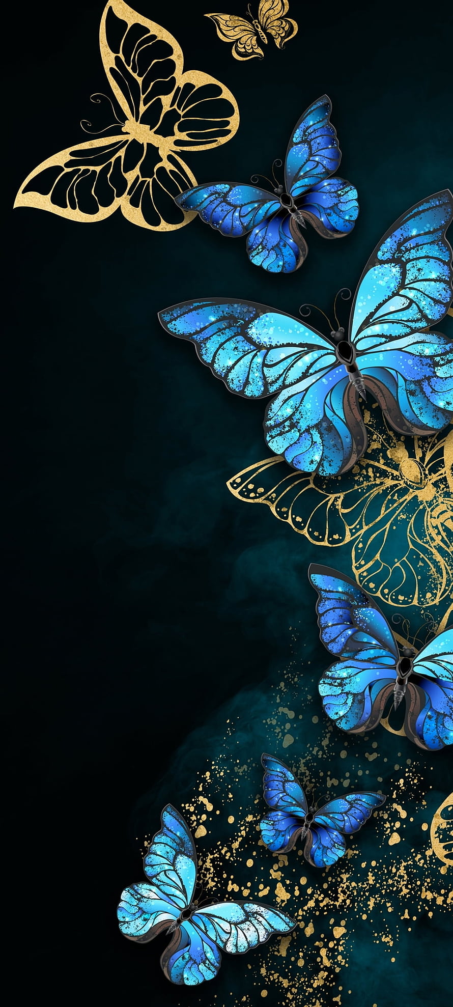 Elegant Blue and Gold Butterfly Art on Dark Teal Background HD phone wallpaper