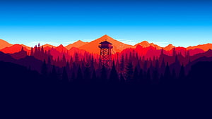 Vibrant Sunset Mountain Landscape With Fire Lookout Tower And Pine Forest Silhouette HD wallpaper