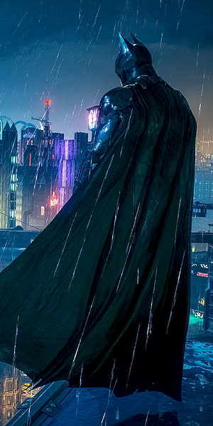 Batman standing on rooftop overlooking Gotham City skyline in heavy rain at night, Batman, Batman Arkham, Batman Arkham knight HD phone wallpaper