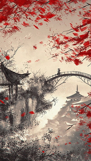Traditional Chinese Ink Wash Painting with Red Maple Leaves and Ancient Architecture HD phone wallpaper