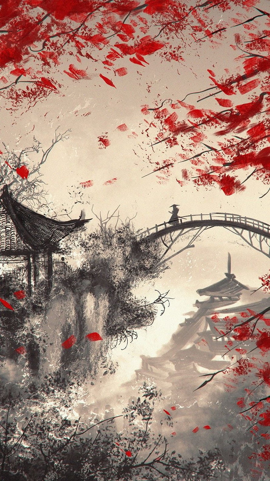 Traditional Chinese Ink Wash Painting with Red Maple Leaves and Ancient Architecture HD phone wallpaper