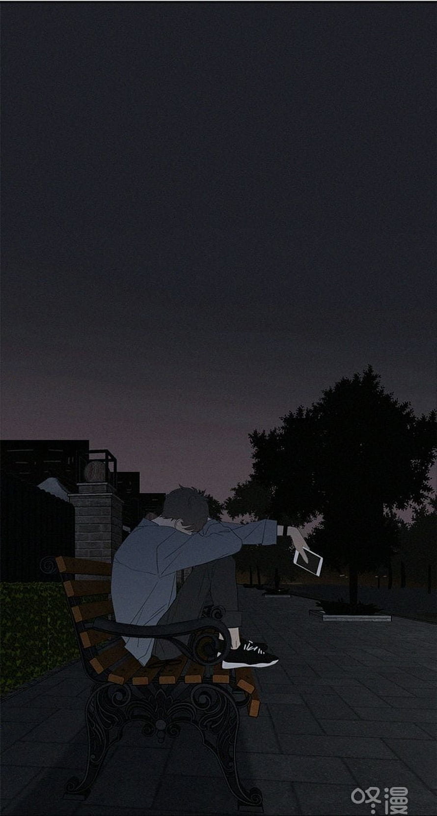 Sad Anime Boy Sitting on Park Bench at Night with Phone HD phone wallpaper