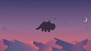 Silhouette of a Giant Flying Beast and Rider Over Purple Mountains at Night HD wallpaper