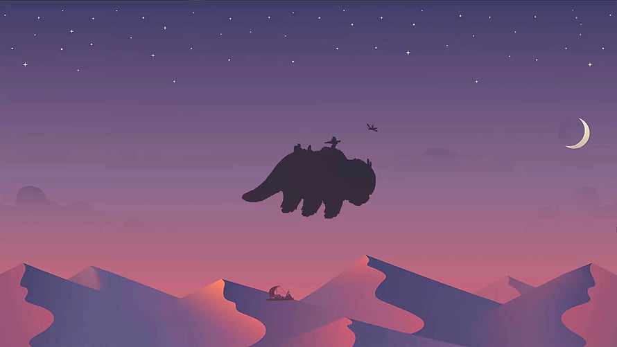 Silhouette of a Giant Flying Beast and Rider Over Purple Mountains at Night HD wallpaper