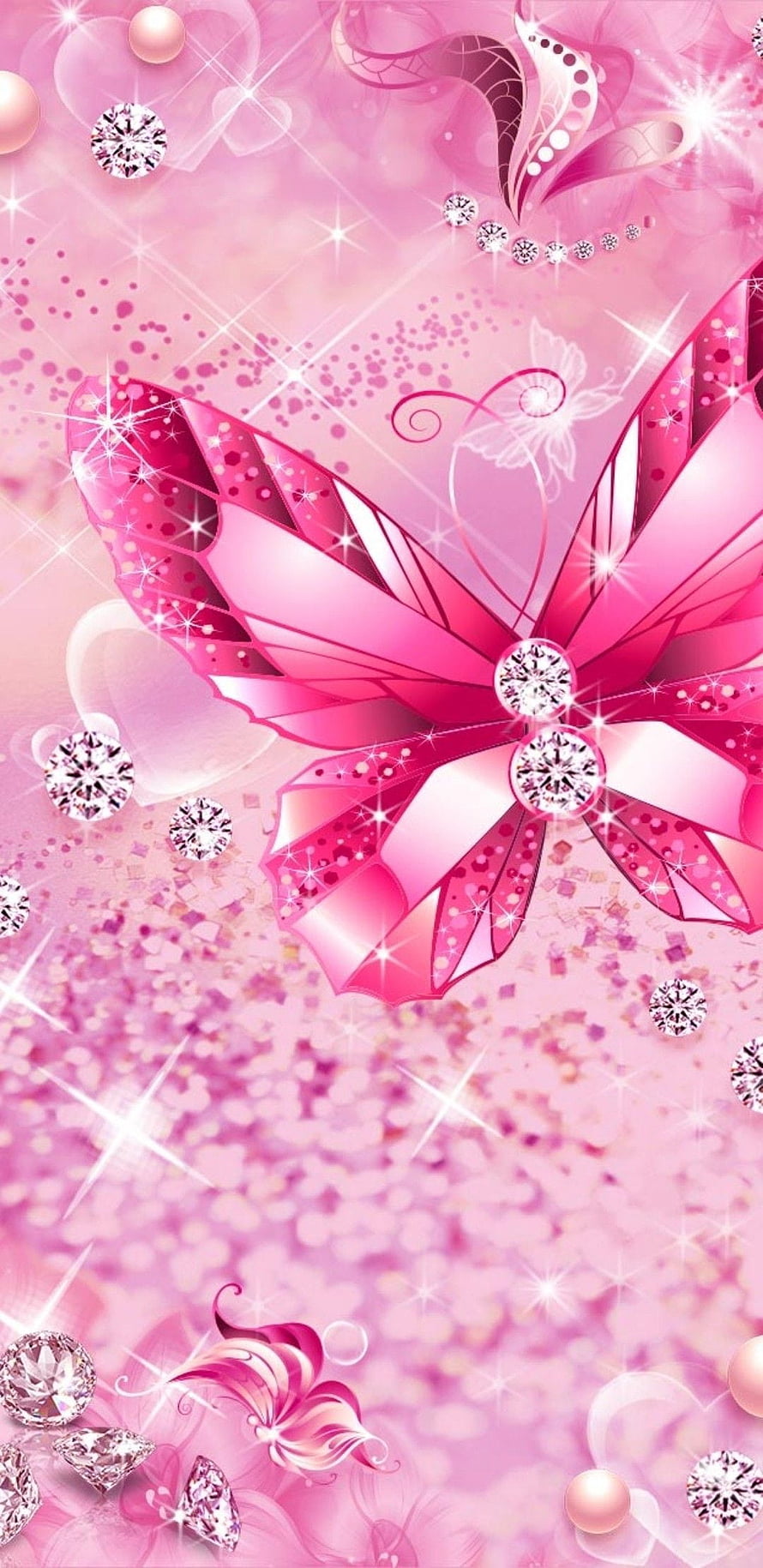 Sparkling Pink Butterfly with Diamonds and Glitter on a Soft Blurred Floral Background HD phone wallpaper