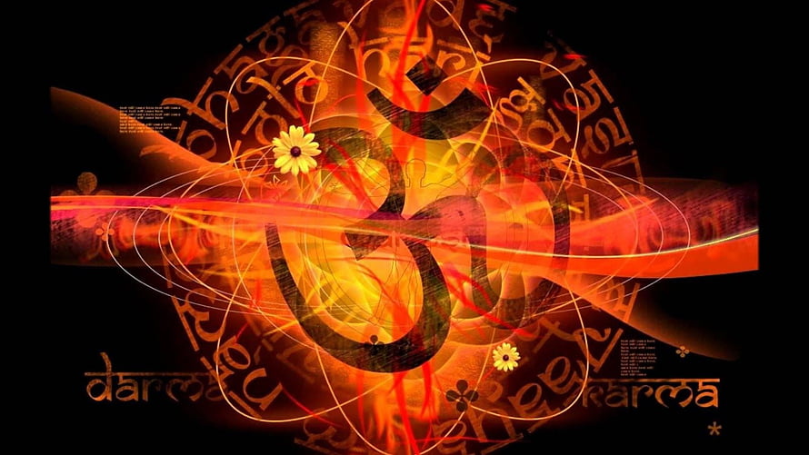 Vibrant Om Symbol Digital Art with Dharma Text and Floral Accents HD wallpaper