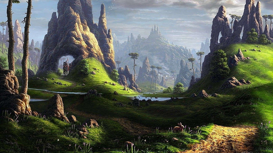 Mystical Fantasy Valley With Ancient Stone Arches And Rolling Green Hills HD wallpaper