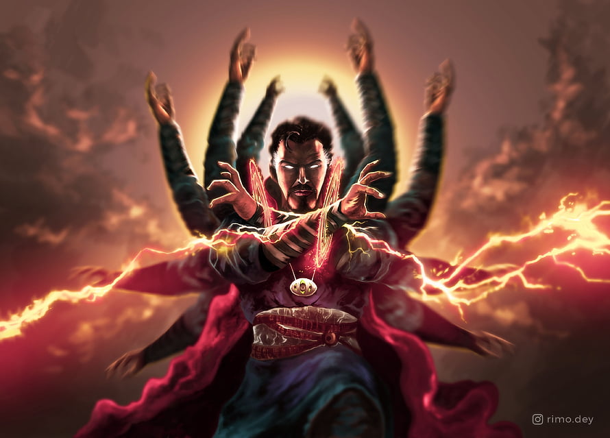 Doctor Strange Channeling Arcane Energy with Multiple Arms in Dramatic Digital Art HD wallpaper