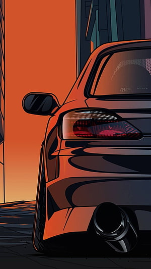 Illustrated Rear View of a Modified Sports Car with Dual Exhaust at Sunset HD phone wallpaper