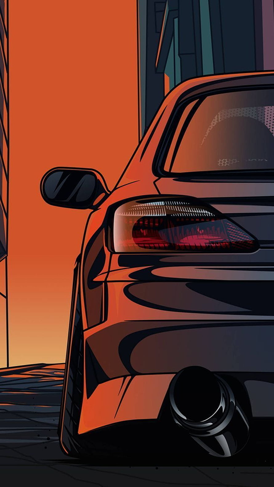 Illustrated Rear View of a Modified Sports Car with Dual Exhaust at Sunset HD phone wallpaper