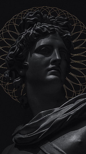 Dark Classical Marble Bust Sculpture With Golden Geometric Halo Background HD phone wallpaper