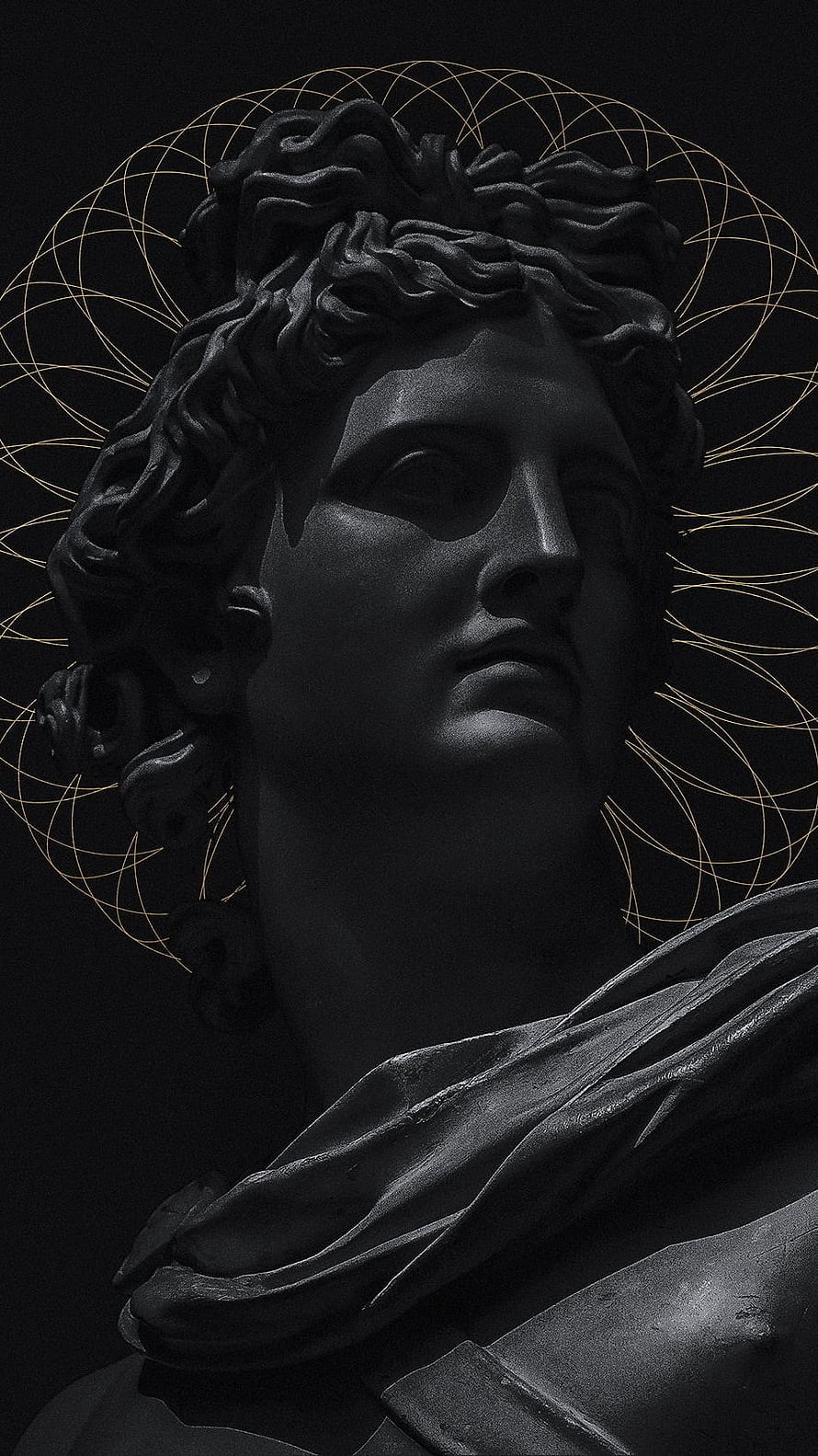 Dark Classical Marble Bust Sculpture With Golden Geometric Halo Background HD phone wallpaper