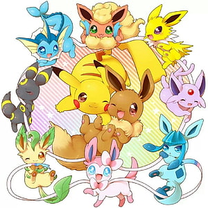 Cute Chibi Eevee Evolution Family Group Illustration With Pikachu HD phone wallpaper