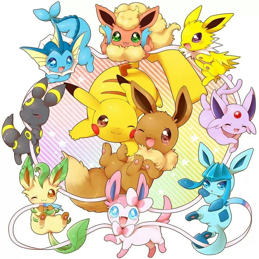 Cute Chibi Eevee Evolution Family Group Illustration With Pikachu HD phone wallpaper