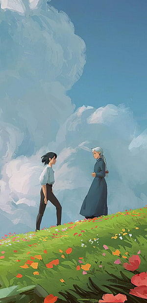 Howl and Sophie standing on a flower-filled hill under a vast blue sky in a Studio Ghibli inspired digital painting HD phone wallpaper