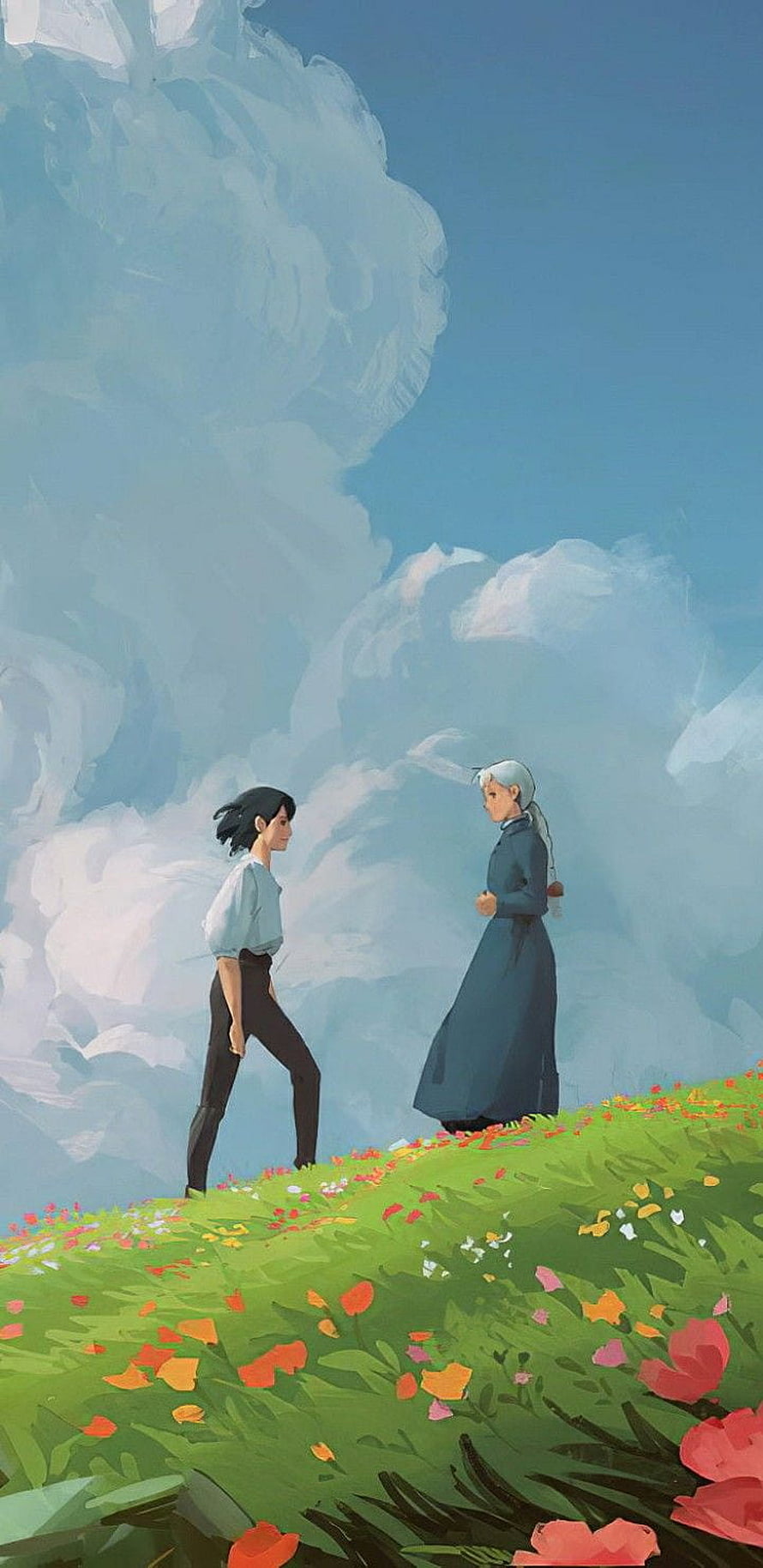 Howl and Sophie standing on a flower-filled hill under a vast blue sky in a Studio Ghibli inspired digital painting HD phone wallpaper