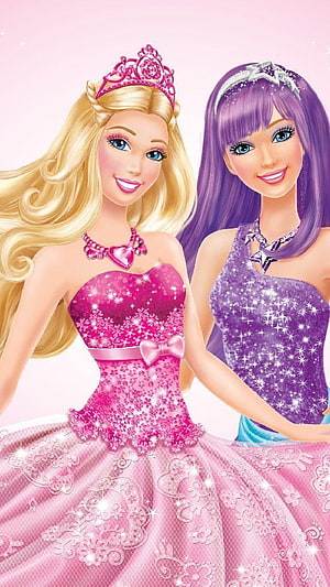 Barbie and Princess in Sparkling Pink and Purple Ball Gowns with Crowns and Star Jewelry HD phone wallpaper