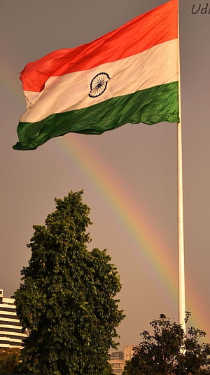 Indian National Flag Waving With Rainbow In Sky HD phone wallpaper