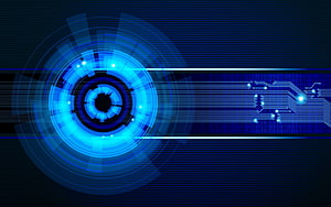 Futuristic Digital Interface with Glowing Blue Circuit Board and Concentric Tech Rings HD wallpaper