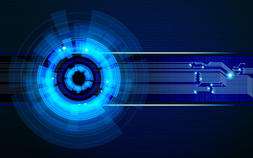 Futuristic Digital Interface with Glowing Blue Circuit Board and Concentric Tech Rings HD wallpaper