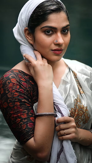 Swasika in Traditional White Saree and Floral Blouse Portrait HD phone wallpaper