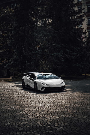 White Lamborghini Aventador SVJ parked on cobblestone street with dark trees and apartment building backdrop HD phone wallpaper