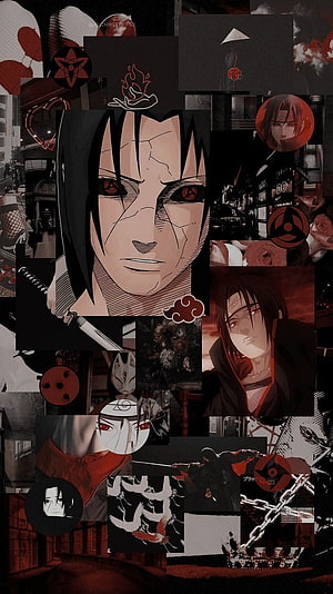 Itachi Uchiha Anime Collage Wallpaper Featuring Sharingan, Akatsuki Clouds, and Dark Aesthetic Elements HD phone wallpaper
