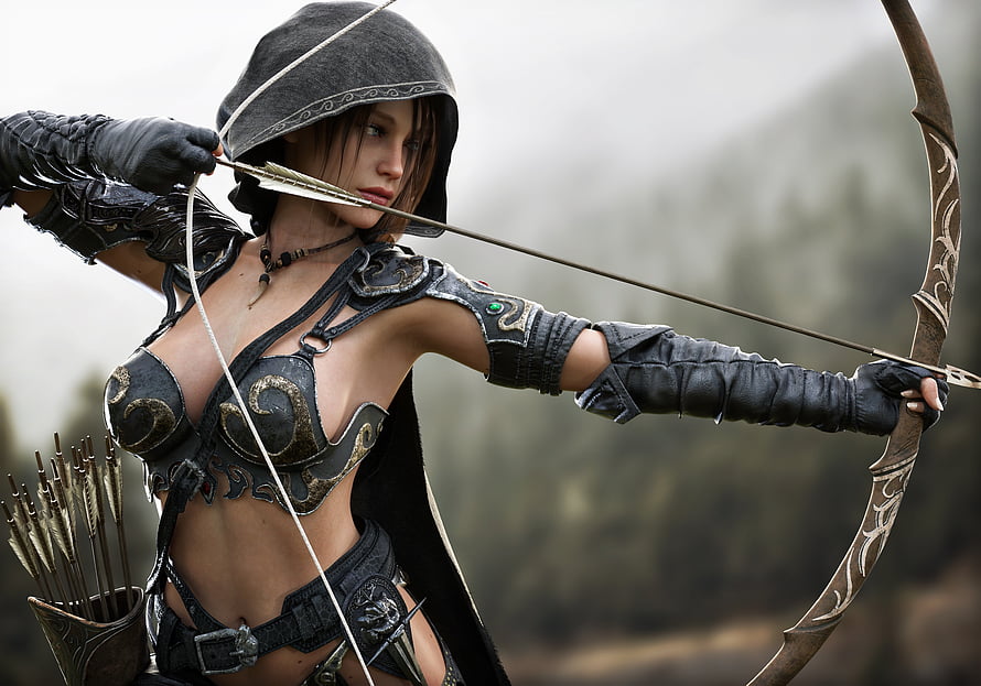 Fantasy female archer cosplayer aiming bow and arrow in dark leather armor HD wallpaper