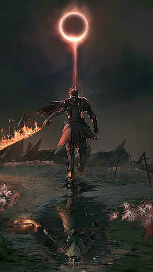 Dark Souls Knight Walking Through Water Under a Solar Eclipse with a Burning Sword HD phone wallpaper