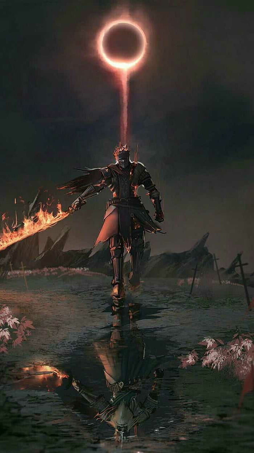 Dark Souls Knight Walking Through Water Under a Solar Eclipse with a Burning Sword HD phone wallpaper