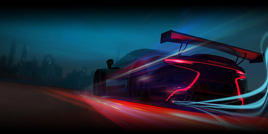 Futuristic Sports Car With Neon Lights And Spoiler Racing At Night HD wallpaper
