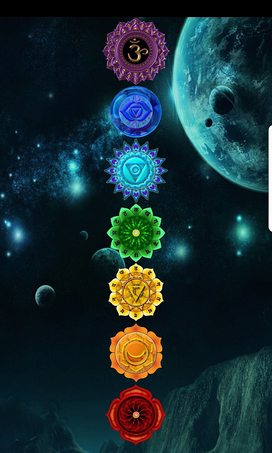 Seven Chakras Aligned in Space with Planets and Stars Background HD phone wallpaper