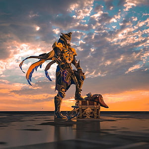 Destiny 2 Warlock in Golden Armor Standing on a Beach at Sunset with Treasure Chest HD phone wallpaper