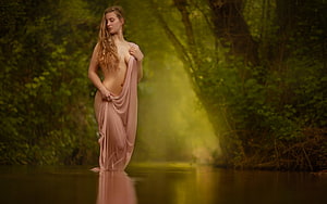 Ethereal woman in flowing pink dress standing in a misty forest stream, Ethereal Beauty, etheral, art, graphy, , girl, beauty, woman, digital, fantasy, nature HD wallpaper