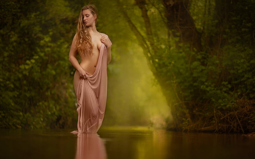 Ethereal woman in flowing pink dress standing in a misty forest stream, Ethereal Beauty, etheral, art, graphy, , girl, beauty, woman, digital, fantasy, nature HD wallpaper
