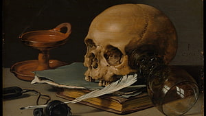 Baroque Vanitas Still Life with Skull, Books, and Candlestick HD wallpaper