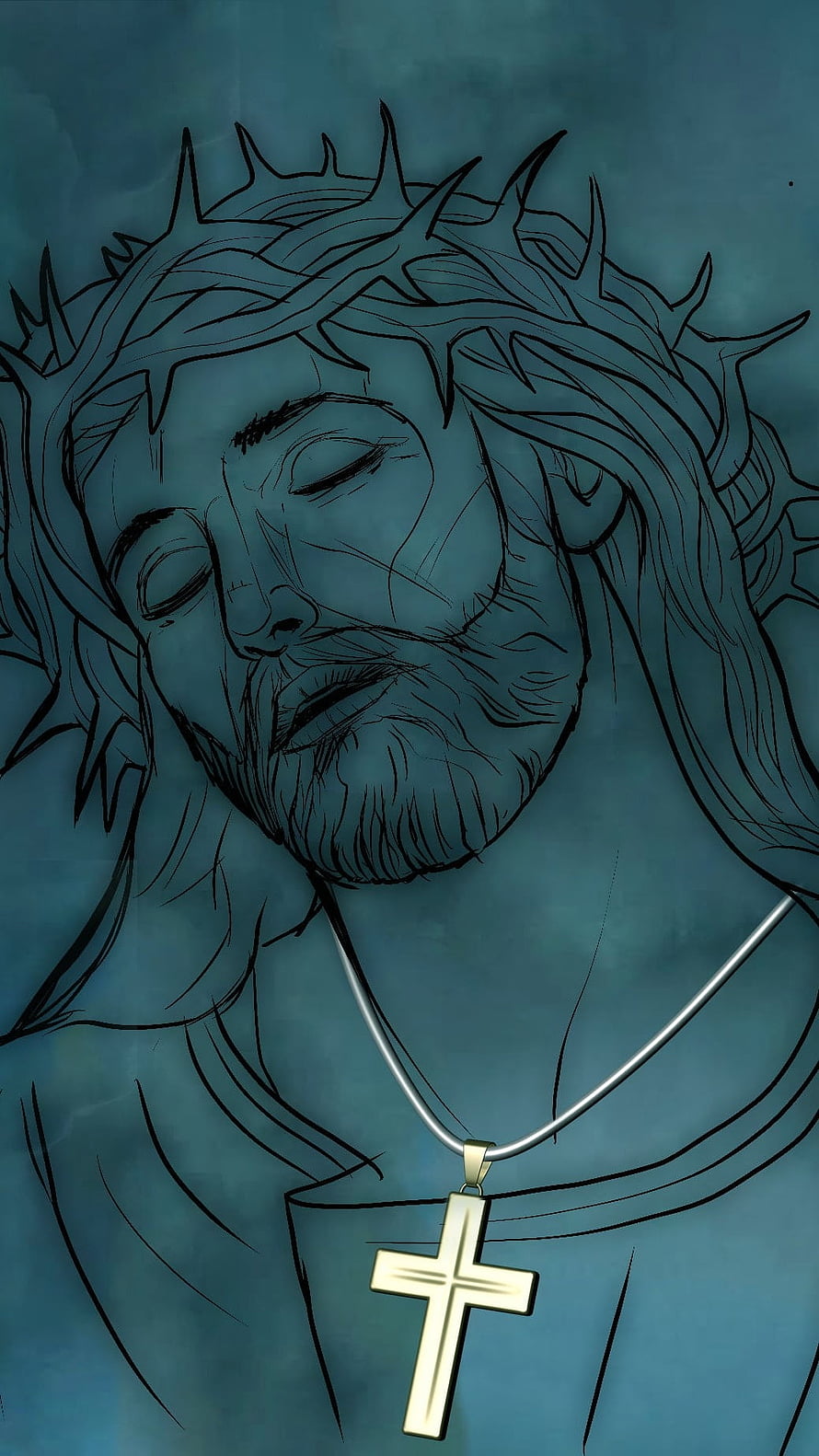 Illustration of Jesus Christ with Crown of Thorns and Gold Cross Pendant HD phone wallpaper