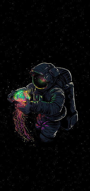 Astronaut Holding Glowing Jellyfish in Deep Space Digital Illustration HD phone wallpaper
