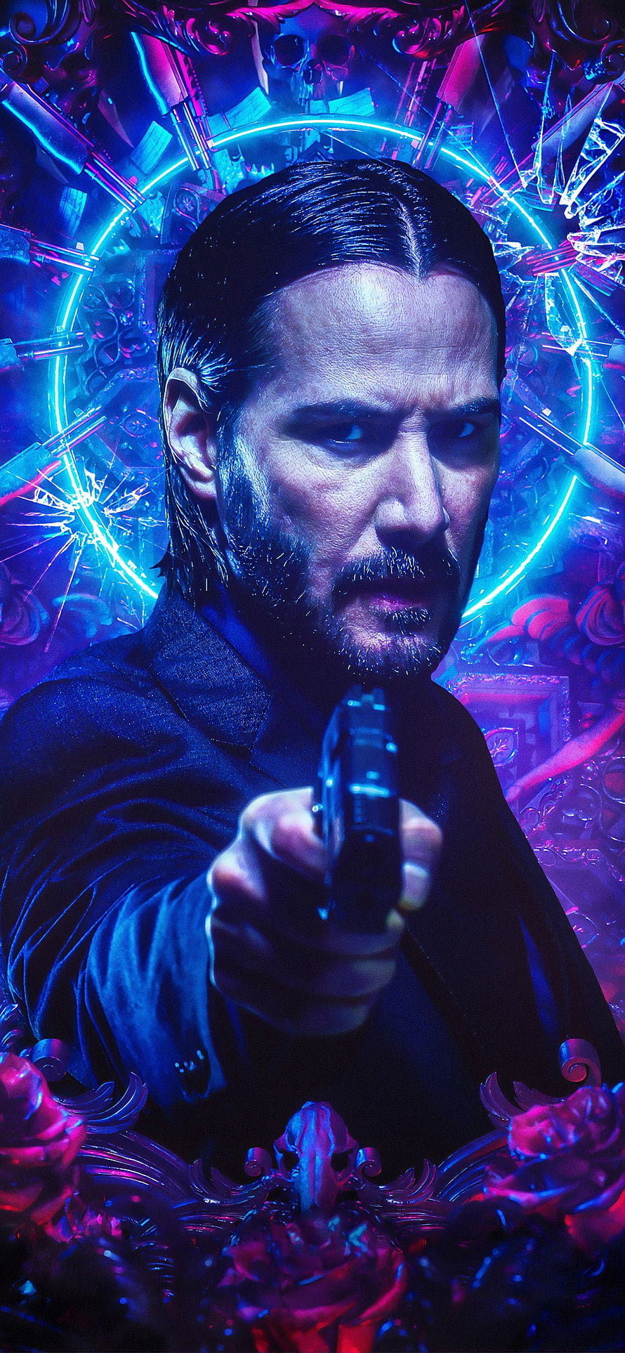 John Wick Aiming Pistol in Neon Cyberpunk Setting with Ornate Baroque Frame HD phone wallpaper