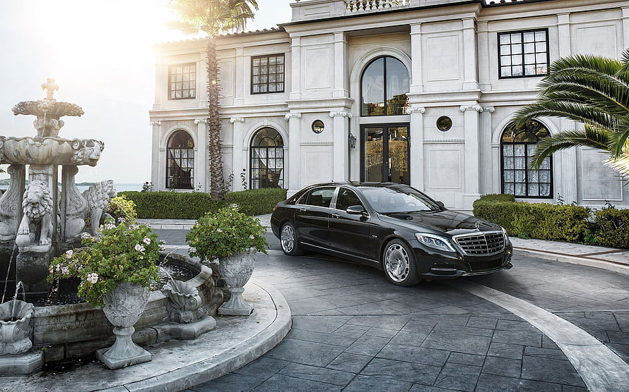 Black Mercedes-Benz S-Class Sedan Parked in Front of a Grand White Mansion with Ornate Fountain HD wallpaper