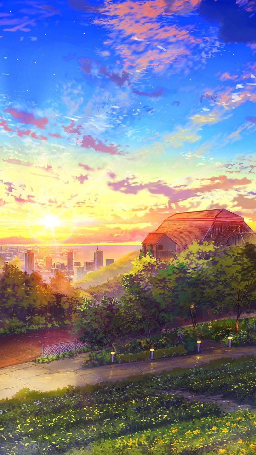 Anime Style Scenic View of a Hilltop House Overlooking a City at Sunset HD phone wallpaper
