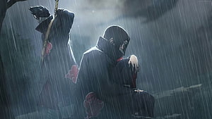 Itachi and Sasuke Uchiha in Akatsuki Cloaks Standing in Heavy Rain HD wallpaper