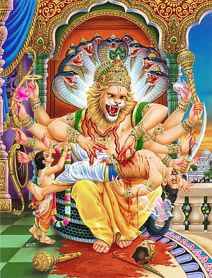 Lord Narasimha Avatar Killing Demon Hiranyakashipu Hindu Mythology Art HD phone wallpaper