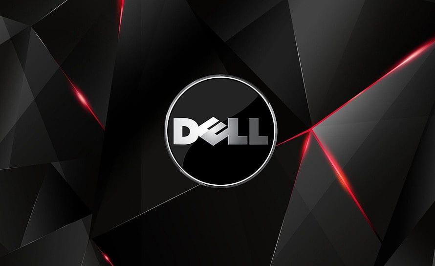 Dell Logo on Dark Geometric Background with Red Light Accents HD wallpaper