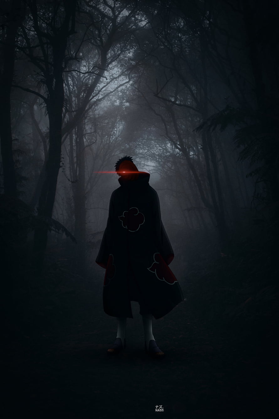 Obito Uchiha in Akatsuki Cloak Standing in a Dark Misty Forest HD phone wallpaper