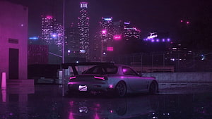 Mazda RX-7 FD3S in Neon Lit Cyberpunk City Night Scene HD wallpaper