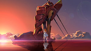 Asuka Langley Soryu Standing Beside Evangelion Unit-02 at Sunset HD wallpaper