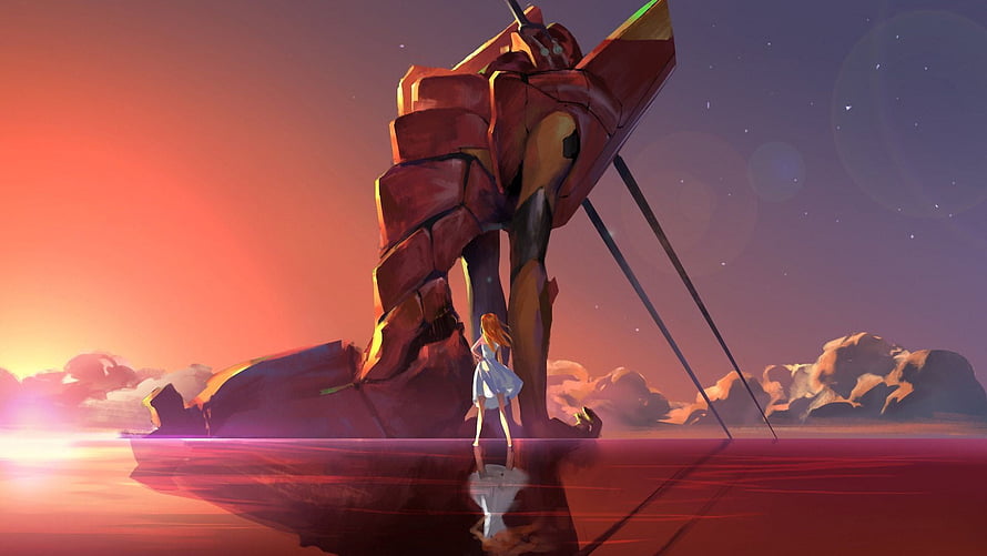 Asuka Langley Soryu Standing Beside Evangelion Unit-02 at Sunset HD wallpaper