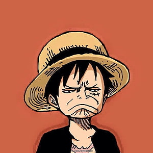 Luffy Chibi Portrait with Straw Hat and Serious Expression on Orange Background HD phone wallpaper
