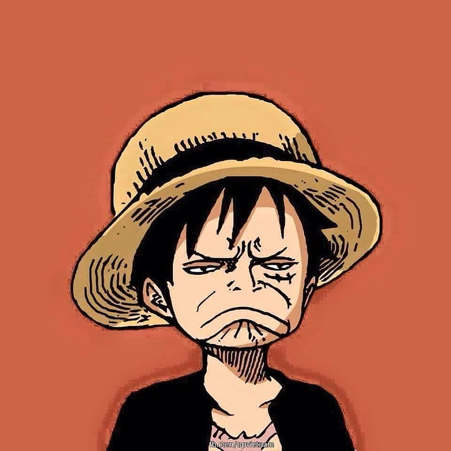 Luffy Chibi Portrait with Straw Hat and Serious Expression on Orange Background HD phone wallpaper